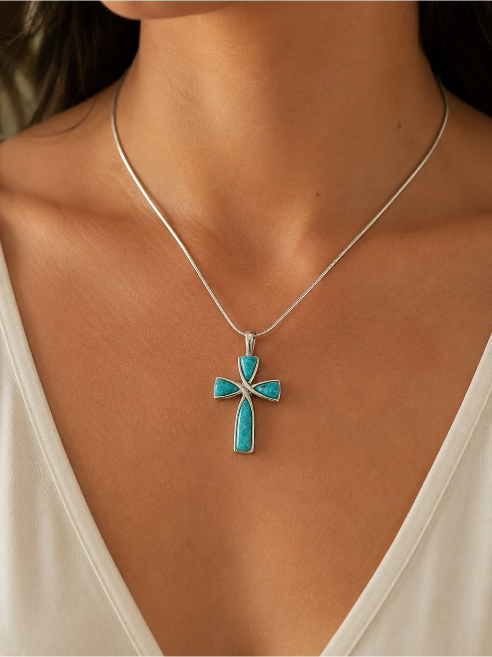 Silver Cross Necklace with Turquoise Blue Inlay